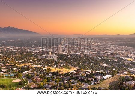 Salt Lake City, Utah, USA downtown city skyline at dusk.