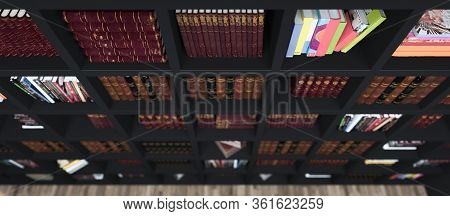 Wooden Bookshelf Full Of Books From Library With Modern And Classic Books Deep Of Field Effect Tom V
