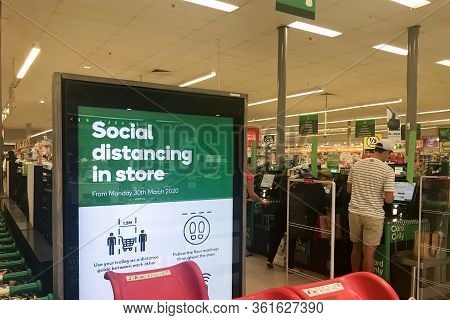 Sydney, Australia 2020-04-15 Covid-19. Woolworths Supermarkets Chain Maintains Social Distancing In 