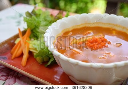 Red Curry Preserved Bamboo Shoot With Tobiko, Ebiko