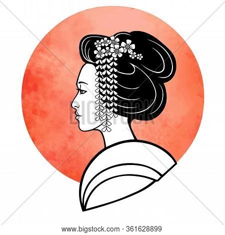 Realistic Portrait Of The Young Japanese Girl An Ancient Hairstyle. Geisha, Maiko, Princess. Backgro