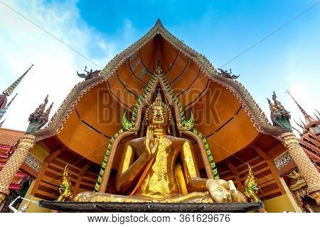Big Golden Buhda Sculpture Wat Tum Saur In Kanajana Buri Thailand