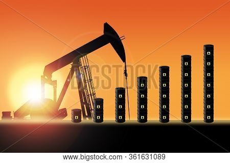 3d Illustration Of Oil Barrel Drums Increasing In Bar Chart Format With Pump Jack Silhouette Against