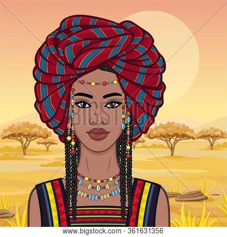 Animation Portrait Of The Beautiful African Woman  In A Turban. Savanna Princess, Amazon, Nomad. Bac