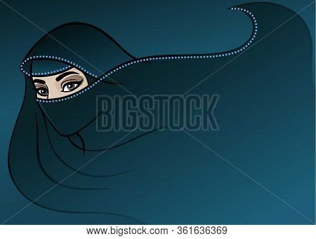 Animation Arab Woman In A Burqa. Dark Blue Background A Place For The Text.