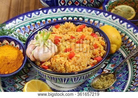 Pilaf With Garlic And Pepper. Uzbek Pilaf With Turmeric