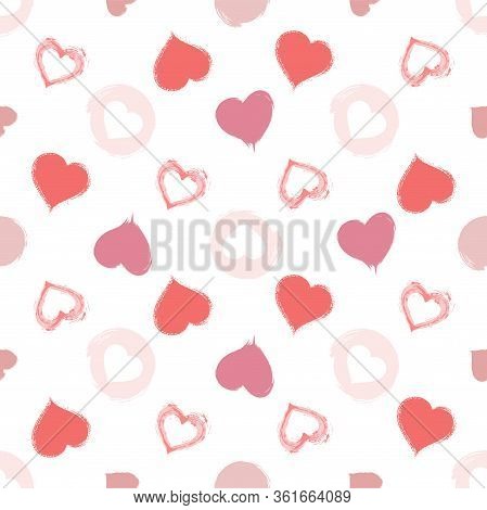 Vector Seamless Pattern With Watercolor Hearts And Grunge Elements On A White Background. For Valent