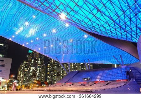 Busan, South Korea - 1 April, 2019:night Shot Of Busan Cinema Center Is The Official Venue Of The Bu