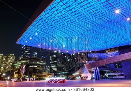 Busan, South Korea - 1 April, 2019:night Shot Of Busan Cinema Center Is The Official Venue Of The Bu