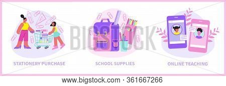 Flat Compositions With School Supplies Gagdets And People Doing Stationery Shopping Isolated Vector 