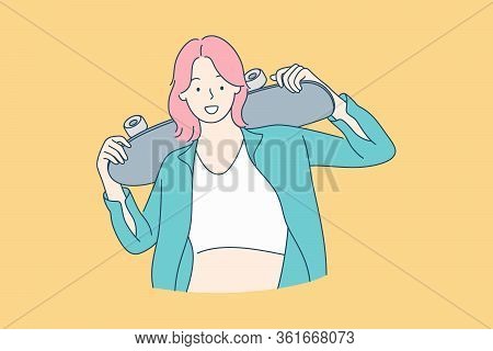 Sport, Skateboarding, Hobby, Active Lifestyle Concept. Young Happy Modern Smiling Woman Hipster Girl