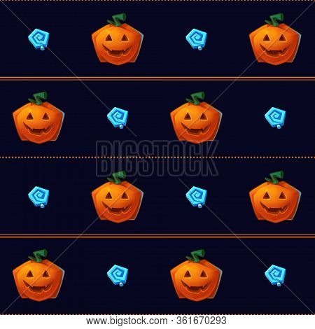 Cute Bright Halloween Seamless Pattern. Orange Pumpkins And Blue Candies. Horizontal