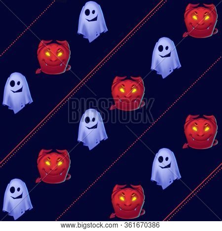 Cute Bright Halloween Seamless Pattern. Print With Red Devils And White Ghosts. Diagonal