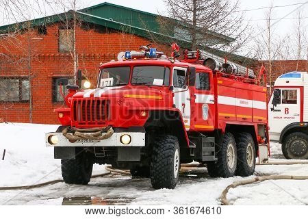 Novyy Urengoy, Russia - April 12, 2020: Fire Engine Ural 4320 In The City Street.