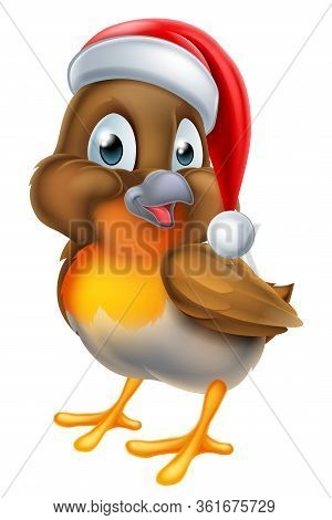 A Cute Cartoon Robin Bird Wearing A Christmas Santa Claus Hat