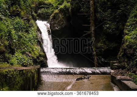 Huge White Waterfall View In Middle Of Dense Forest. This Waterfall Located In Pulga, Himachal, Indi