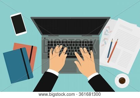 Realistic Flat Design Illustration Of Work Desk With Laptop, Pencils On Sheet Of Paper And Mobile Ph