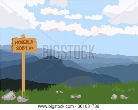 Mountain Landscape, Mountain Top, Sky And Forest, Hills. The Concept Of Adventure And Travel In Natu