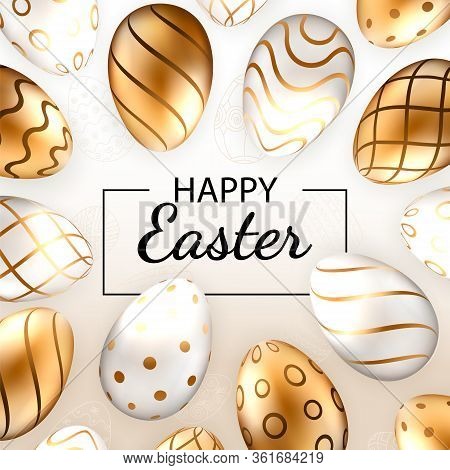 Happy Easter Background With Realistic Golden Decorated Eggs And Cute Doodles. Greeting Card Trendy 