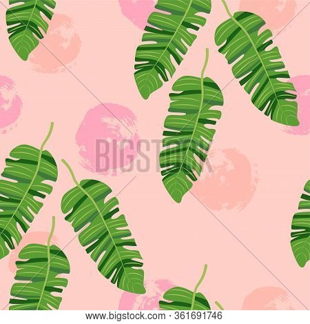 Jungle Leaves On Pink Background Seamless Pattern. Vector Illustration.