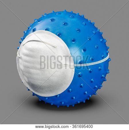 Picture Of A Symbolic Blue Virus Wearing A Face Mask In Grey Back