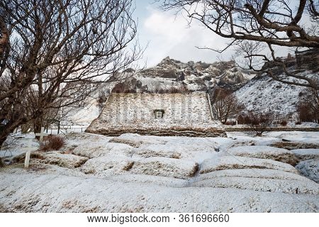 Hofskirkja Church, Hof, Iceland. This fairytale-like building is the last turf church ever built in Iceland. this traditional wood and stone structure was built in 1884.