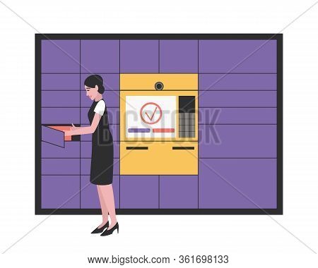 Automated Post Station For Fast And Safe Package Delivery. A Girl A Buyer In An Online Store, Picks 
