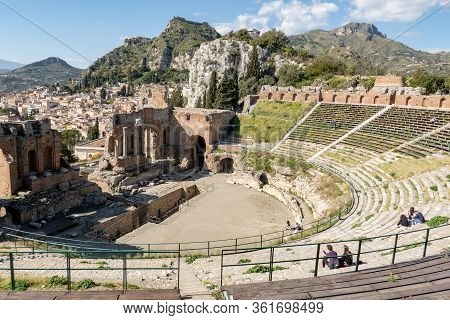 Taormina, Sicily - February 14, 2020: Teatro Antico Di Taormina (ancient Amphitheatre) In Sicily, It