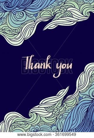Elegant Vertical Waves Border On Navy Blue Background. Wavy Striped Pattern. Hand-drwn Frame In Dood