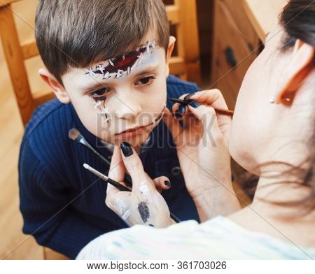 Little Cute Child Making Facepaint On Birthday Party, Zombie Apocalypse Facepainting, Halloween Prep
