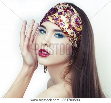 Young Pretty Modern Girl With Bright Shawl On Head Emotional Posing Isolated On White Background, As