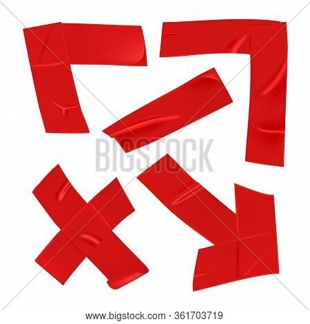 Red Duct Repair Tape Set Isolated On White Background. Realistic Red Adhesive Tape Pieces For Fixing