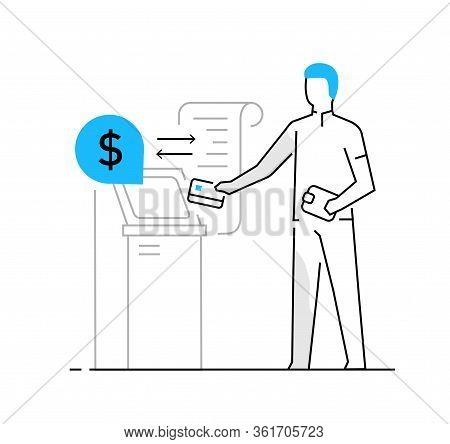 Woman Withdraws Money From An Atm. Family, Relationships, Convenience, Work, Home. Infographics, Lin