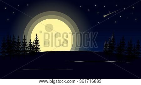 Night landscape with big yellow moon, forest and starry sky