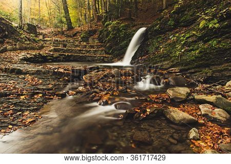 Autumn Mountain Waterfall Stream In The Rocks With Colorful Red Fallen Dry Leaves, Natural Seasonal 