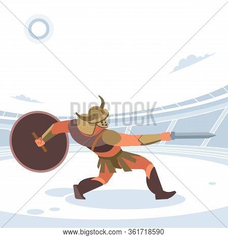 Gladiator In A Battle. Vector Isolated Illustration. Flat Cartoon Style