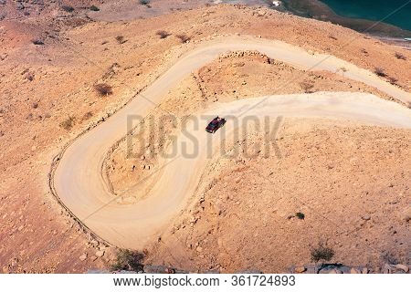 Car On The Sand Road At Fjord Khor Najd In Musandam Oman