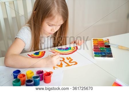 Kid Girl With Blond Hair Drew A Rainbow And A Poster Stay Home. Flashmob Chasetherainbow.