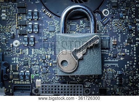 Cyber Security Lock. Security Computer Data Internet Protection With Lock, Key On Microscheme Chip. 
