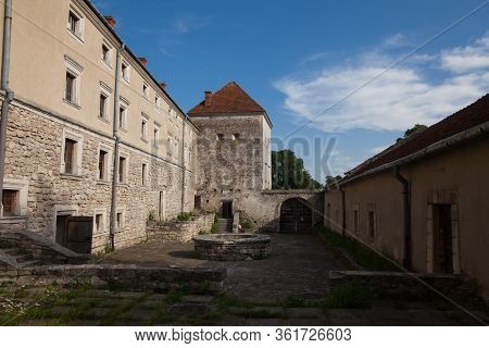 Svirzh, Ukraine - July 23 2009: Famous Ukranian Landscape. Facade Of The Medieval Castle Svirzh, Lvi