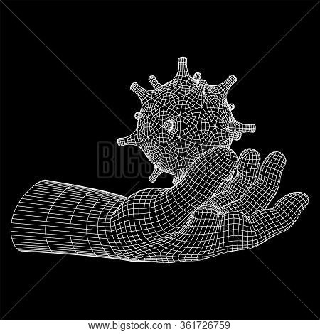 Human Arm Hand With Corona Virus Virion Of Coronavirus. Connection Structure. Vector Low Poly Wirefr