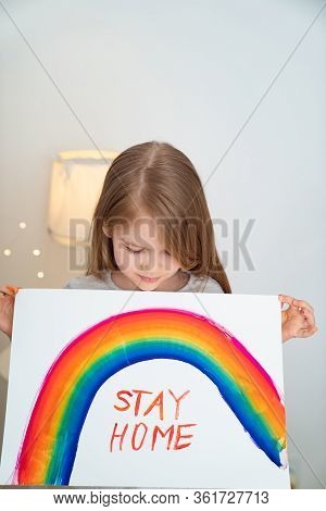 Kid With Blond Hair Drew A Rainbow And A Poster Stay Home. Flashmob Chasetherainbow.