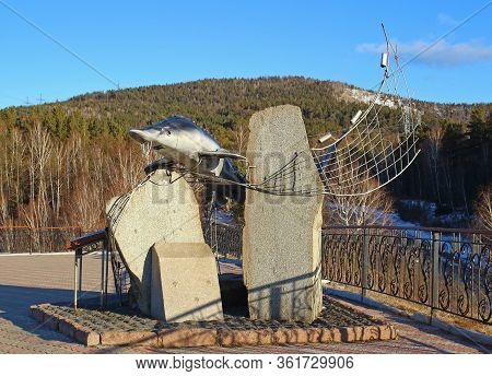 Krasnoyarsk, Russia - March 23, 2020: The Tsar-fish Sculpture On Sliznevsky Cliff At The Yenisei Riv
