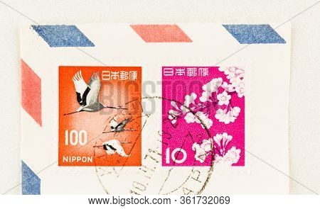 Seattle Washington - April 16, 2020: Close Up Of 1961 And 1963 Issued Japanese Stamps, On Air Mail  