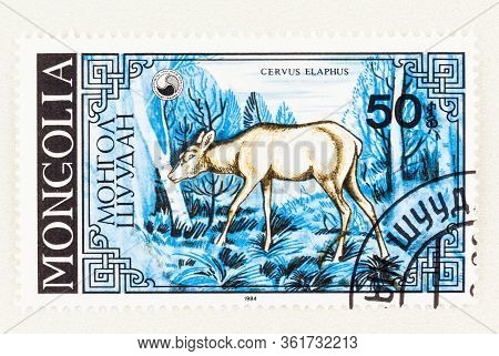 Seattle Washington - April 15, 2020: Close Up Mongolia Stamp With Red Roe Deer On Blue Landscape Bac