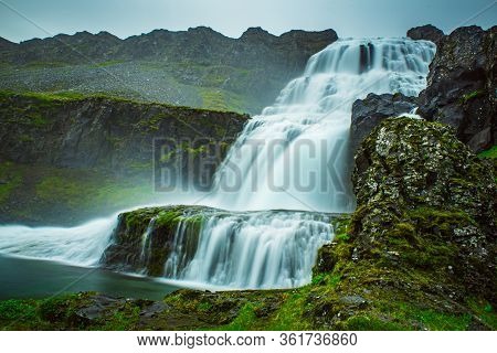 Scenery Of Mountains With Dynjandi, Fjallfoss, Waterfall, Iceland. Long Exposure. Icelandic Summer L