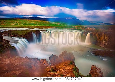Godafoss Waterfall In Iceland, Summer Natural Travel Background