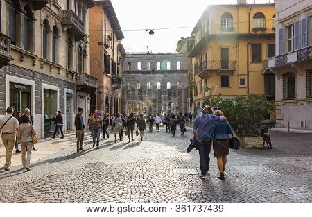 Verona, Italy, September 27, 2015 : Porta Dei Borsari - Dating To The 1st Century, This Arched Limes