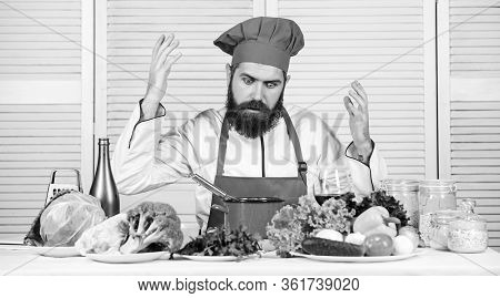 Healthy Food Cooking. Mature Hipster With Beard. Serious Bearded Man. Chef Recipe. Vegetarian Salad 