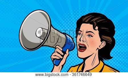 Woman Shouting Loudly Into Loudspeaker. Retro Comic Pop Art Vector Illustration